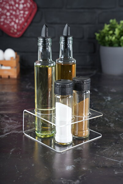 Etka Dizayn طقم وعاء زجاجي للزيت ووعاء توابل - منظم مطبخ مكون من 4 قطع مع حامل بليكسي جلاس شفاف (250 مل + 105 سم مكعب)
