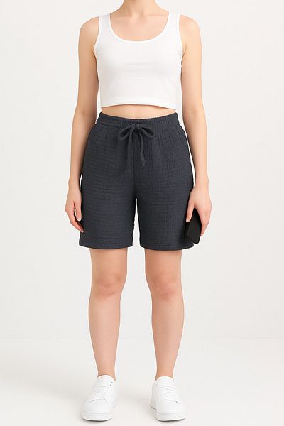 BANEGA Women's Elastic Waist Wrinkle Fabric Cotton Black Shorts
