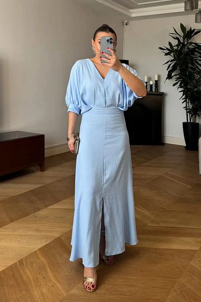 Tuba Butik V-Neck Short Sleeve Long Dress
