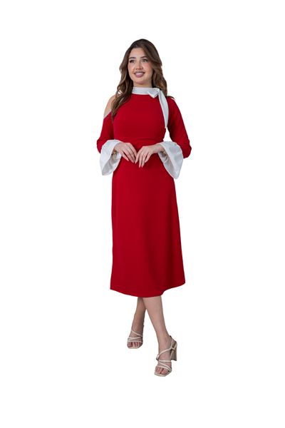 Nice Model Red Midi Dress with White Contrast Sleeves Off Shoulder Elegant Formal Crepe for Women