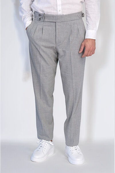 Wessi Gri Çift Pileli Tokalı Yüksek Bel Slim Fit Pantolon – Wessi