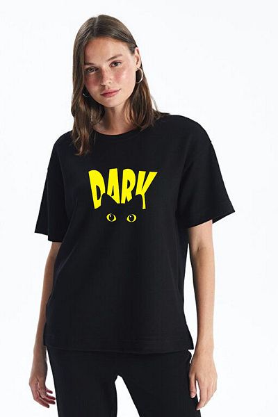makiteks Τυπωμένο Dark Cat Γυναικείο Unisex Crew Neck Μπλουζάκι με στάμπα Μαύρο μπλουζάκι