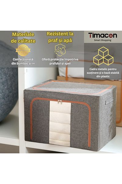 Tim Foldable storage box, 66 L, gray, 50x40x33 cm, with 2 zippered access doors