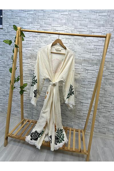 Befera Design Muslin Kimono 100% Cotton Fish Printed Patterned Bathrobe Kaftan Dressing Gown