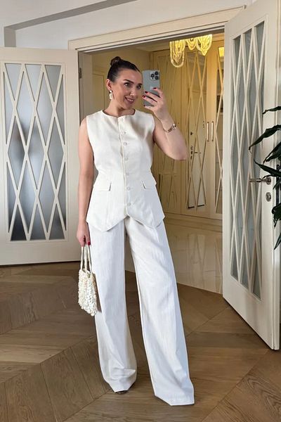 Tuba Butik Crew Neck Linen Blend Women's Vest