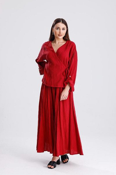 Ranasubaşı Double Breasted Blouse and Long Skirt Set Red