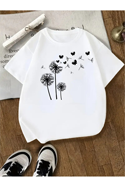 FUFLUNS تي شيرت كبير الحجم مطبوع عليه فراشة الهندباء