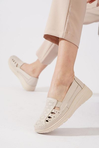 Moda Pie Kolment Laser Side Pen Women's Genuine Leather Shoes Beige Skin