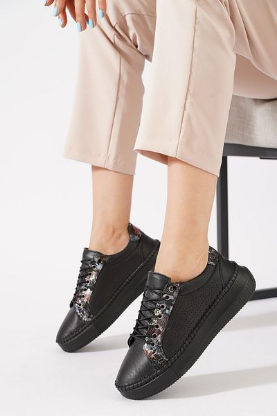 Moda Pie Orpedas Yan Zimbalı Genuine Leather Women's Shoes Black Skin