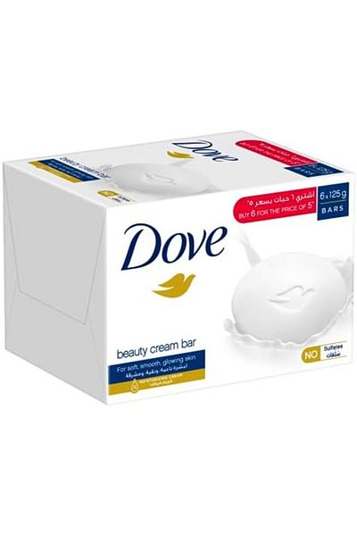 Dove Moisturizing Soap Bar with 1/4 Cream, Pack of 6, 125g each