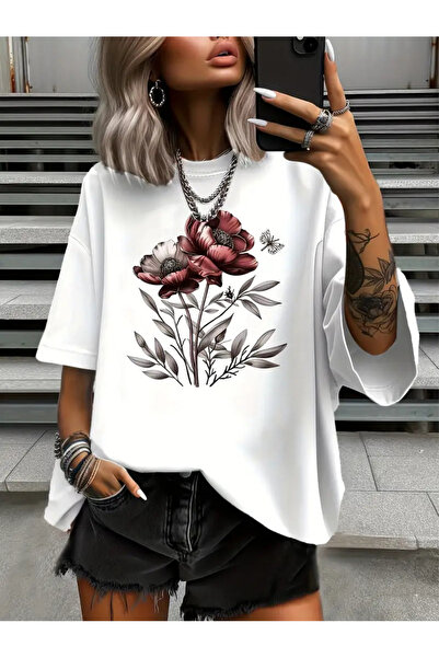 FUFLUNS TRICOU OVERSIZE CU IMPRIMEU FLORI ROȘII