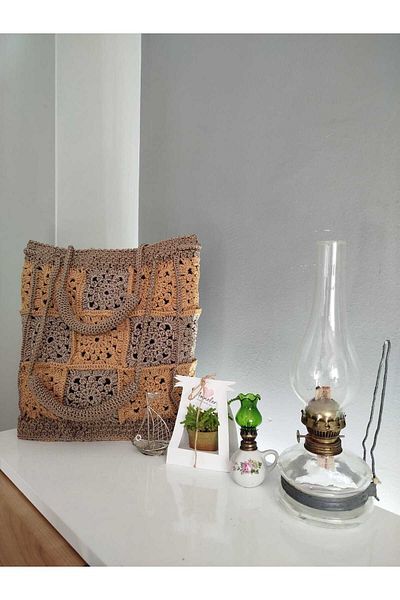 YASMİNEL Handmade Lined Inside Vision and Cappuccino Color Motif Hand Knitted Bag