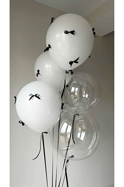 PartyPoo Siyah Fiyonk Kurdeleli Bobo'lu ve Beyaz Balon Seti Doğum Günü Seti F...