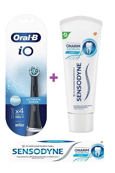 Sensodyne Repair & Protection Mint Toothpaste 75ml + Io Ultimate Clean 4 Pack Black Toothbrush Replacement Ba