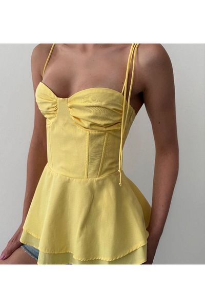 Quzu Underwire Tie-Up Blouse with Rope Straps Yellow