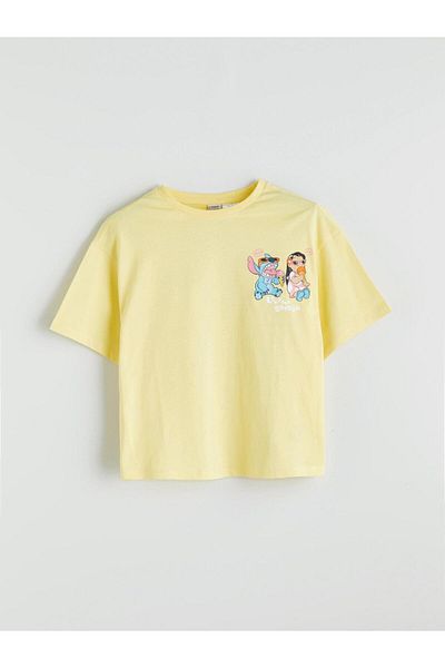 LC Waikiki Sari Crew Neck Lilo and Stitch Printed Girl's T-Shirt