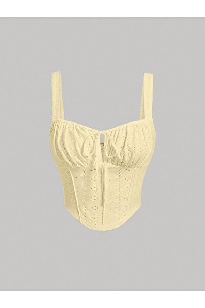 Marin Star Crop cu model de broderie galbenă, cu decolteu în față, cu șiretur...