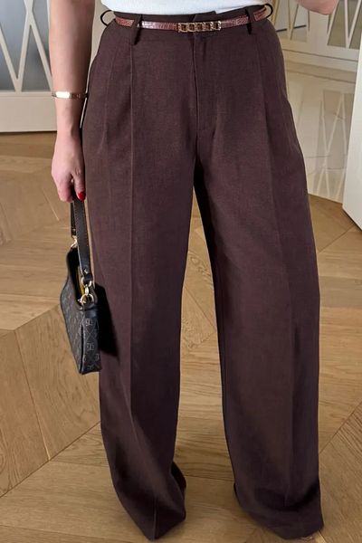 Tuba Butik Women's Linen Blend Trousers with Pile Detail