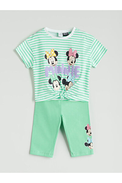 LC Waikiki Green Minnie Mouse Printed Baby Girl T-Shirt and Leggings 2-Piece Set