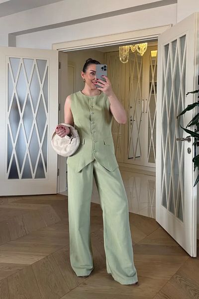 Tuba Butik Women's Linen Blend Trousers with Pile Detail
