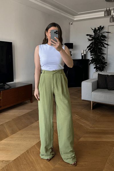 Tuba Butik Women's Linen Blend Trousers with Pile Detail