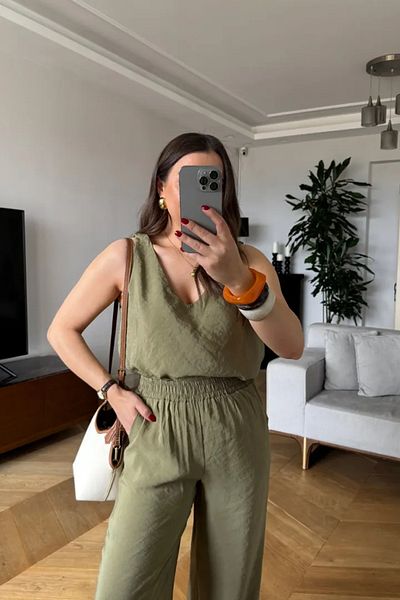 Tuba Butik V-Neck Blouse Pants Women's Set