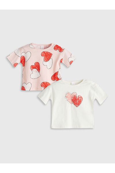 LC Waikiki Beigefarbenes Baby-T-Shirt mit Herz-Print, 2er-Pack