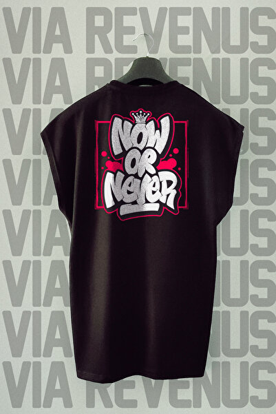 Vordevia Tricou sport cu mâneci zero cu imprimeu pe spate Now or Never