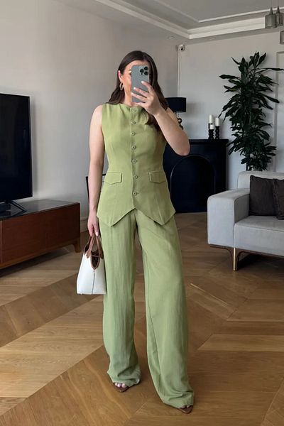 Tuba Butik Women's Linen Blend Trousers with Pile Detail