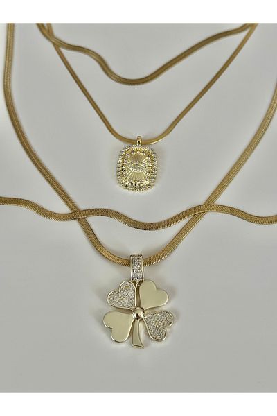 NFS BUTİK Italian Chain Steel Multiple Combination Necklace Clover Model-4 Pcs