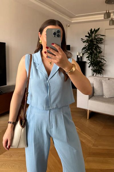 Tuba Butik Linen Vest Pants Women's Set