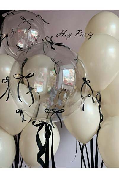 PartyPoo 10 Adet Siyah Fiyonk Kurdeleli - 1 Adet Şeffaf Bobo Balon Seti Fiyon...