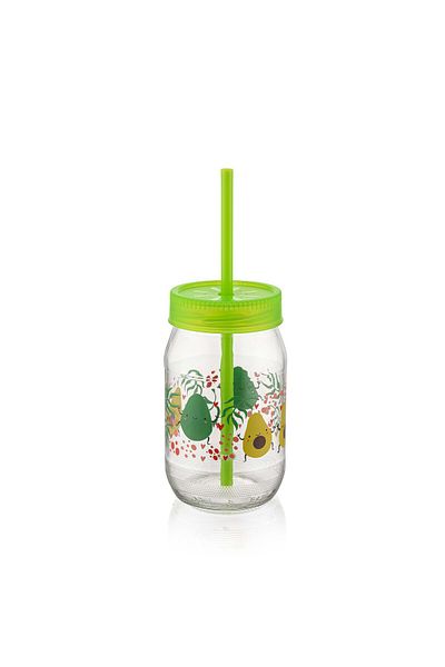 MUF HOME Patterned Glass Cup with Straw |   Bpa Free Smoothie Milk Juice Cup for Kids 370Cc