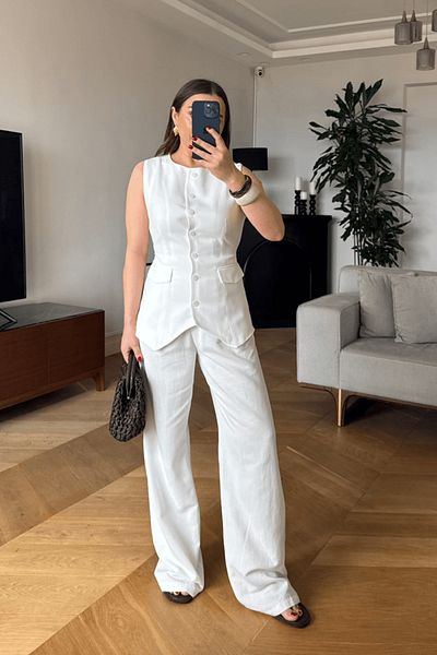 Tuba Butik Women's Linen Blend Trousers with Pile Detail
