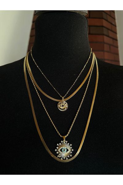 NFS BUTİK Italian Chain Steel Multiple Combination Necklace Evil Eye Model-4 Pcs