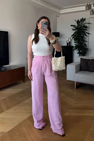 Tuba Butik Women's Linen Blend Trousers with Pile Detail