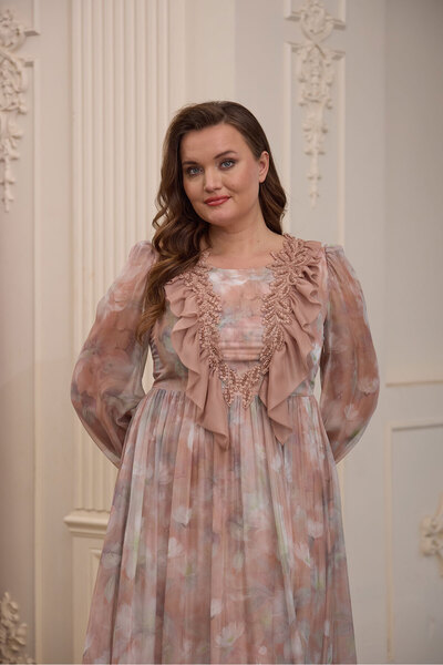 QUİZAS Quizas Draped Dress with Volant from the Shoulder to the Waist, Sweep ...