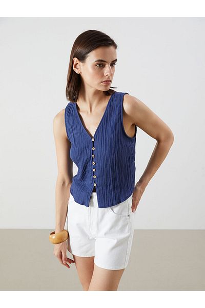 LC Waikiki Navy Blue V-Neck Textured Muslin Blouse