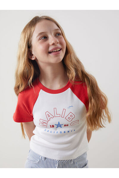 LC Waikiki LCW Kids California bedrucktes Mädchen-Crop-T-Shirt mit Rundhalsau...