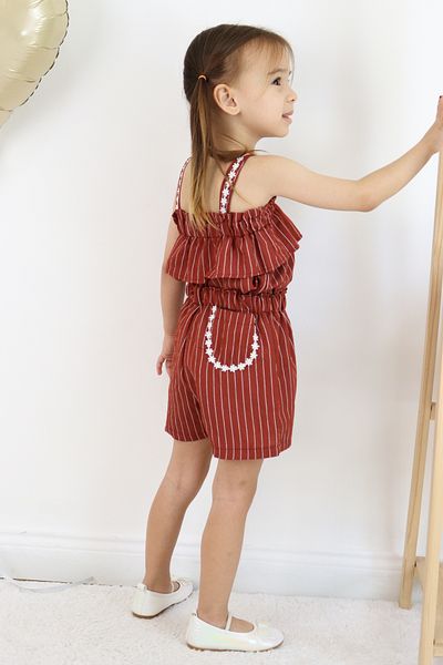 FESSHERA KİDS 💜 Girls' Strappy Striped Shorts Set – Ruffle and Floral Embroidery Detail 💜