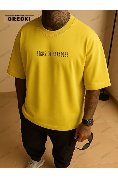 EFFRENATU Paradise Birds Printed Cotton Fabric Men's Yellow T-Shirt