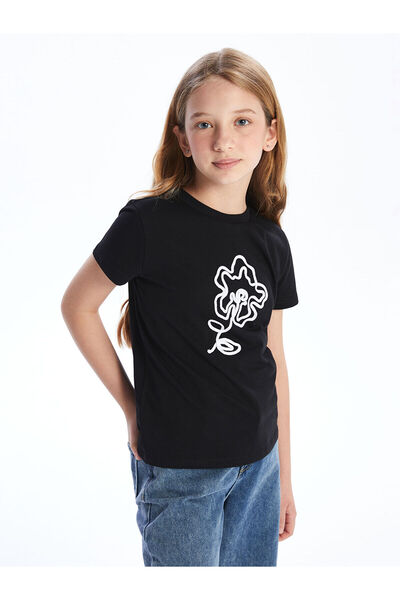 LC Waikiki LCW Kids crna okrugla kragna majica za devojčice sa cvetnim uzorkom