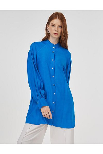 Kayra Viscose Tunic with Ruffle Collar Cobalt Blue