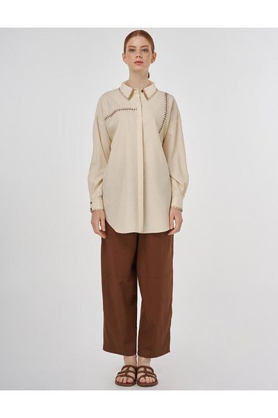 Kayra Punto Stitched Shirt Collar Tunic Cream