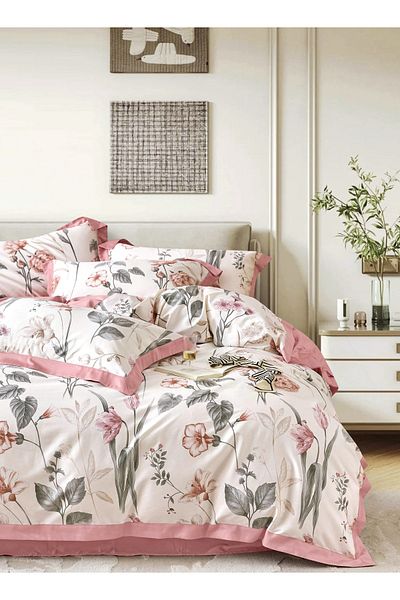 Master Home Textile Cotton Sateen Floral Comforter Set, 300TC, Removable Filling, Fits 200x200 Bed, 9Pcs King Size
