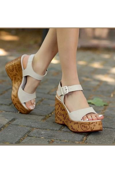 ufukmoda Riboy Beige Skin Wedge Heel Sandals