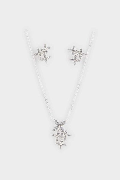 DeFacto Women's Stone Floral Silver Necklace Earring Set F5959Axns
