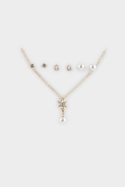 DeFacto Women's Pearl and Flower Detailed Gold Necklace Earring Set F5964Axns