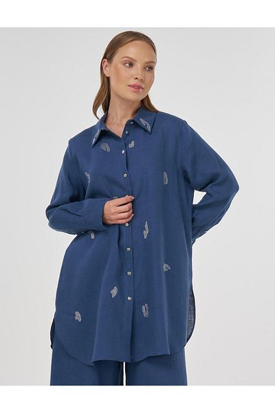 Kayra 100% Linen Hotfix Printed Tunic Indigo