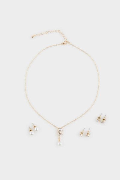 DeFacto Women's Pearl and Flower Detailed Gold Necklace Earring Set F5964Axns